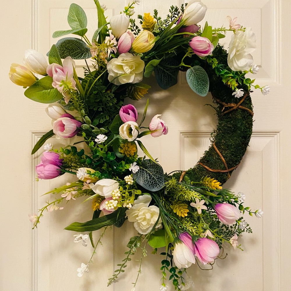 Handmade Spring Wreath,Floral Wreath, Moss Spring Wreath with florals